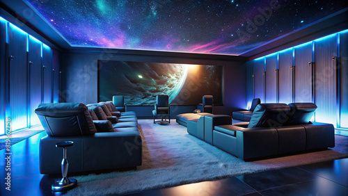 Sleek home theater with comfortable recliners and state-of-the-art audiovisual equipment  immersive and modern