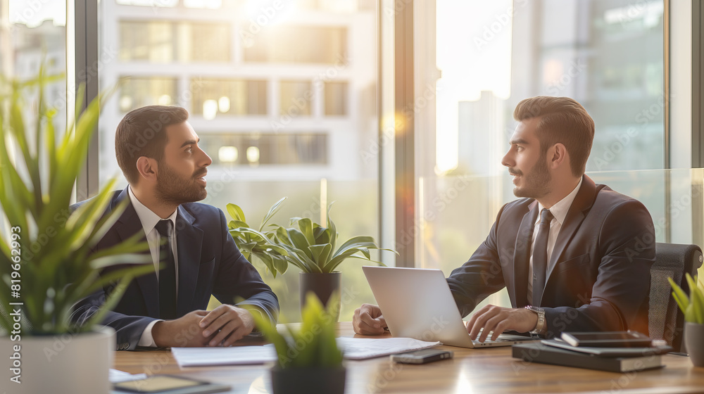 Two businessmen discussing over a laptop in an office with plants, concept of a business meeting. Generative AI