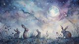 Delicate watercolor strokes depict a whimsical scene of a meadow at dusk, where a family of rabbits gathers beneath the silvery moon.