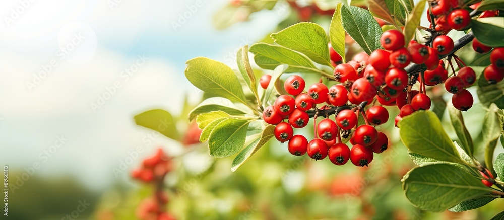 Obraz premium Cotoneaster plant in the garden with copy space image