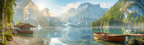 The vintage lakeside treehouse exterior at moraine lake in Canada scene golden reflection serene morning 