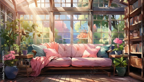 Sunroom background flat design front view cozy reading nook theme water color colored pastel