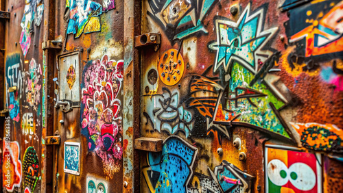 Detailed close-up of graffiti tags and street art stickers on a rusty metal surface  illustrating urban decay