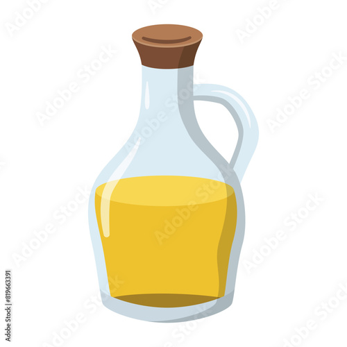 Glass bottle jug of olive oil. Vector illustration. Isolated on white background. Cartoon illustration