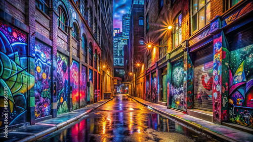 Panoramic shot of a graffiti-covered alley at night  illuminated by neon lights  creating an urban nightlife atmosphere