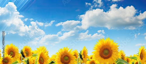 Blooming sunflower field Helianthus annuus under a blue sky with clouds featuring a colorful background of bright summer flowers evenly spaced for a copy space image photo
