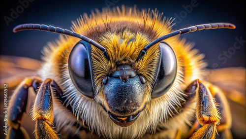 Extreme close-up of a honeybee's fuzzy body, highlighting its unique features