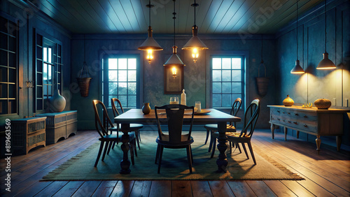 Stylish dining room with a farmhouse table, mismatched chairs, and pendant lighting photo