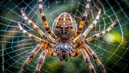 Extreme close-up of a spider spinning its web, intricate patterns visible, clear background