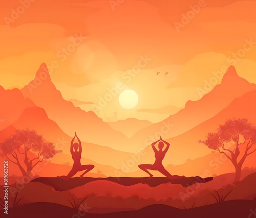illustration of a couple doing a yoga pose in front of a sunset landscape vector illustration yoga day