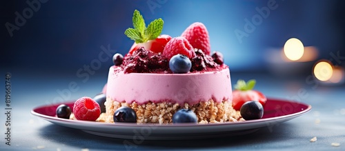 Healthy vegetarian dessert featuring a close up berry dessert adorned with cherry buttercream granola and copy space image