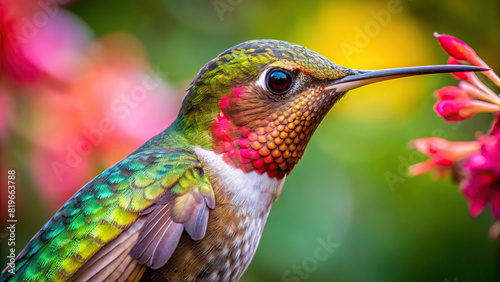Extreme close-up of a hummingbird feeding on nectar, showcasing vibrant feathers and long beak
