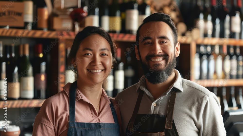 Two relaxed cafe workers stand side by side, their friendly smiles and laid-back demeanor captured in front of a shelf displaying a variety of wine options. Two relaxed cafe workers stand side by side, their friendly smiles and laid-back demeanor captured in front of a shelf displaying a variety of wine options.