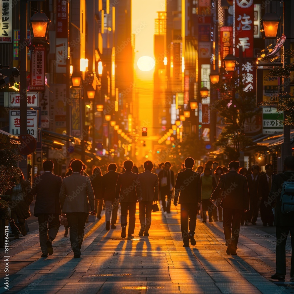 Many people wearing suits and business casual clothes walked on the busy street. The place was full of crowds of office workers wearing suits going to work.