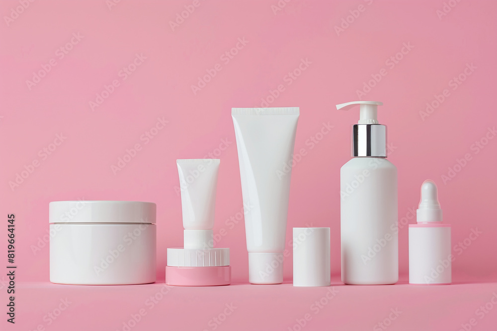 Assorted blank cosmetic product range against soft pink background Assorted blank cosmetic product range against soft pink background