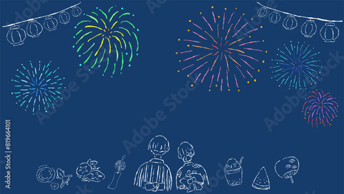 Summer festival, fireworks and yukata family background frame, simple line art hand drawn illustration / 夏祭り、花火と浴衣の家族の背景フレーム、シンプルな線画の手描きイラスト