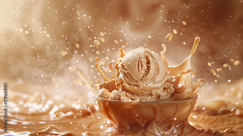 Salted caramel ice cream in a dish on a monochromatic caramel background with water droplets splashing around © Jojo