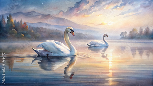A pair of swans glides gracefully across the still waters of a glassy lake, their reflections shimmering in the soft light of dawn © Woonsen