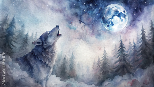 A dreamy watercolor illustration of a lone wolf howling at the moon, its haunting cry echoing through a misty forest shrouded in ethereal moonlight photo