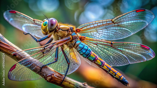 Macro photograph of a dragonfly resting on a branch, showcasing iridescent wings and intricate body structure © prasit