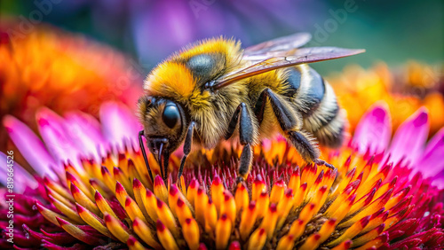 Macro shot of a bumblebee collecting nectar from a flower, its fuzzy body covered in vibrant pollen grains.