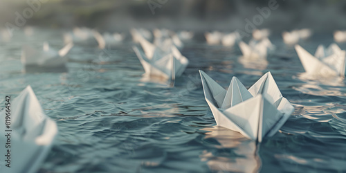 Many white paper boats are sailing on the sea flotilla navy maritime transport, Group of paper boats sailing in open ocean photo