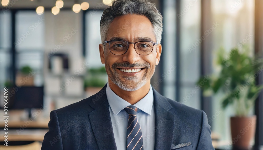 Portrait of a proud smiling confident middle aged hispanic businessman in office. Elegant, stylish, corporate leader, successful CEO executive manager Portrait of a proud smiling confident middle aged hispanic businessman in office. Elegant, stylish, corporate leader, successful CEO executive manager