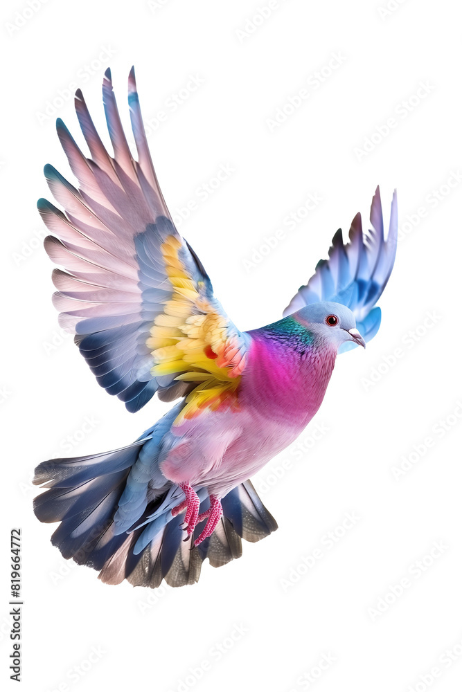 Obraz premium Rainbow Colored Pigeon Soaring in Flight on PNG Cutout Transparent Background