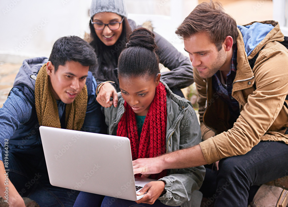 Talking, university and students with laptop on campus for communication, learning or knowledge. Education, diversity and friends with technology for assignment, study group or search internet Talking, university and students with laptop on campus for communication, learning or knowledge. Education, diversity and friends with technology for assignment, study group or search internet