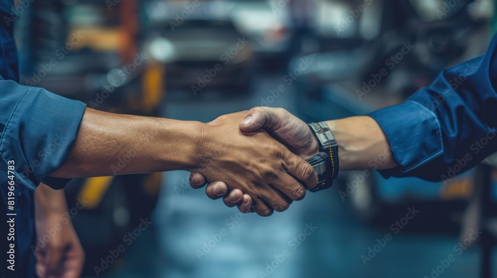 A handshake between an Asian mechanic repairman and a customer, with both individuals conveying trust and satisfaction. A handshake between an Asian mechanic repairman and a customer, with both individuals conveying trust and satisfaction.