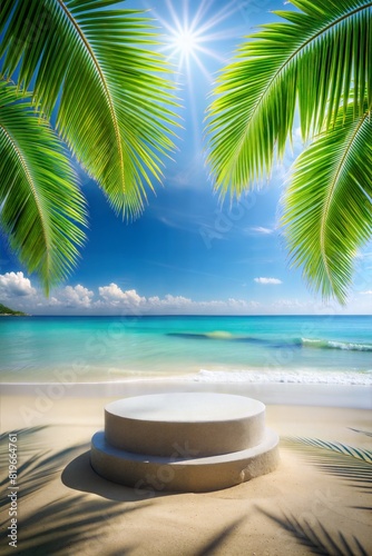 Summer sand and tropical sea background with abstract stone podium © Bounpaseuth
