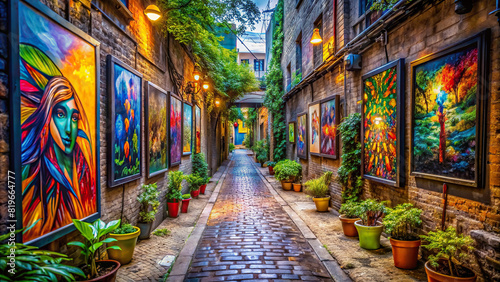 A serene shot of a peaceful alley transformed into an outdoor art gallery, adorned with colorful graffiti artworks