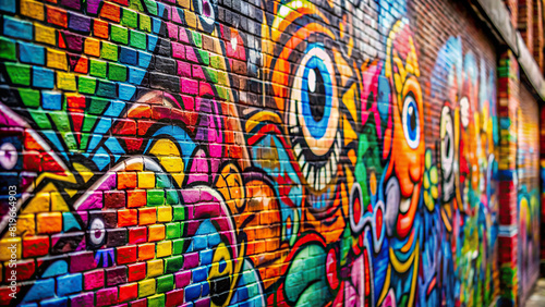 A close-up of graffiti tags and abstract designs painted on a brick wall, showcasing the diversity and creativity of street art culture