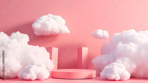 3d render of minimal scene with white clouds on pink background,abstract minimal scene with pink podium, sky and clouds