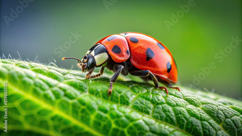 Macro shot of a ladybug perched on a green leaf, clear background © prasit
