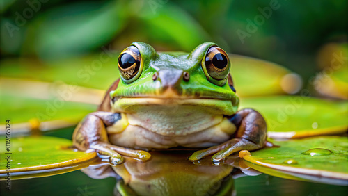 Macro shot of a frog sitting on a lily pad  showcasing its smooth skin and bulging eyes