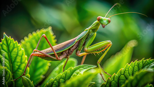 Macro photograph of a praying mantis camouflaged among green leaves, with clear background, showcasing its unique posture photo
