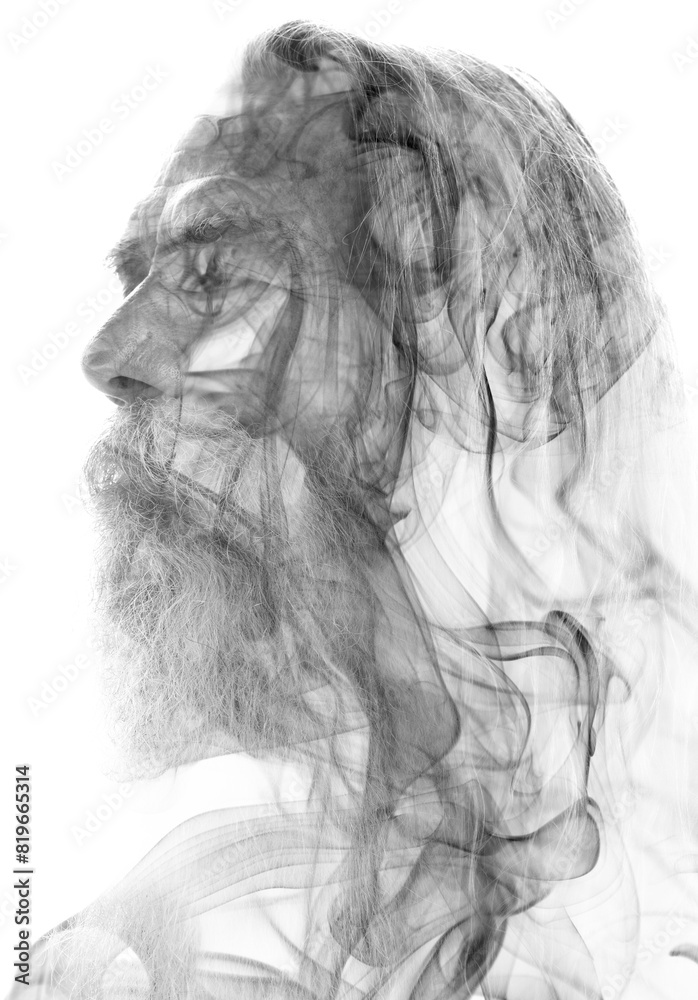 A half profile of an old man merged with smoke swirls in double exposure