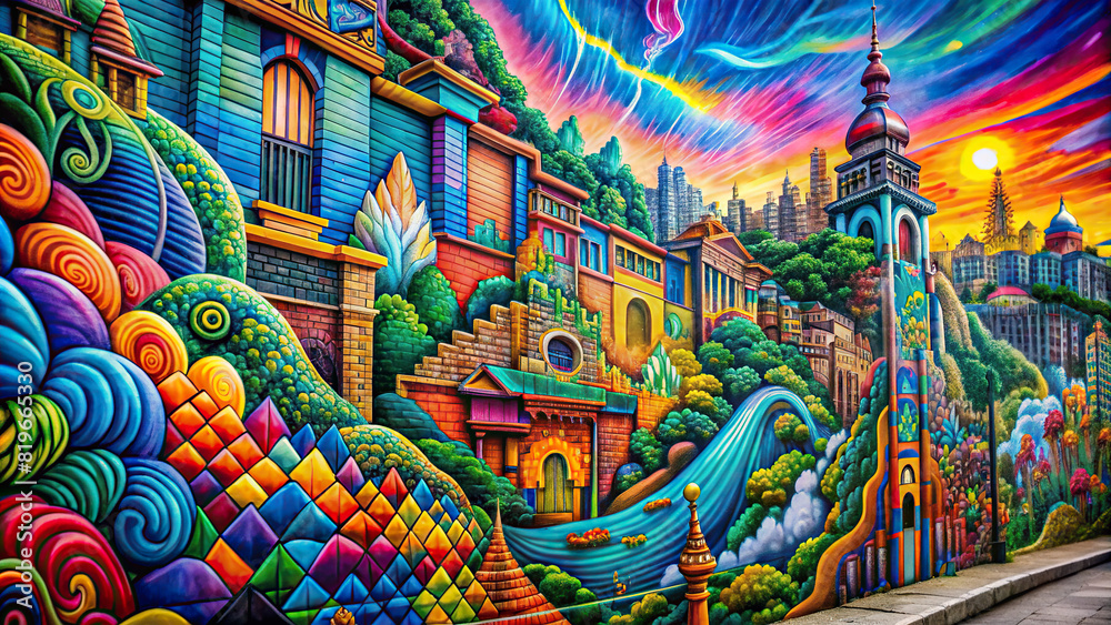 A close-up of a graffiti mural depicting a surreal landscape, with vibrant colors and intricate details, painted on a city wall