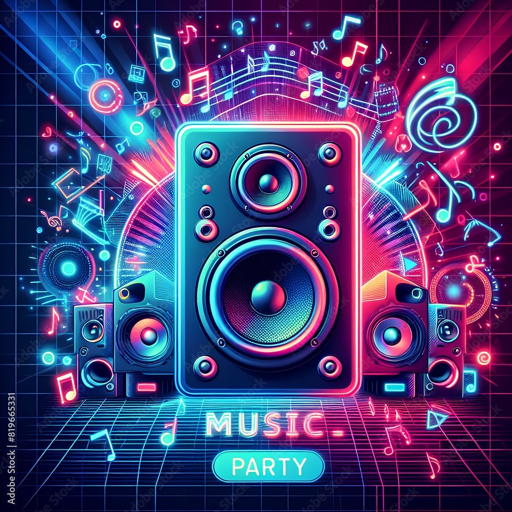 Music party poster template in neon colors. Music speaker with RGB backlight. Robotic sound system on background of digital lights.