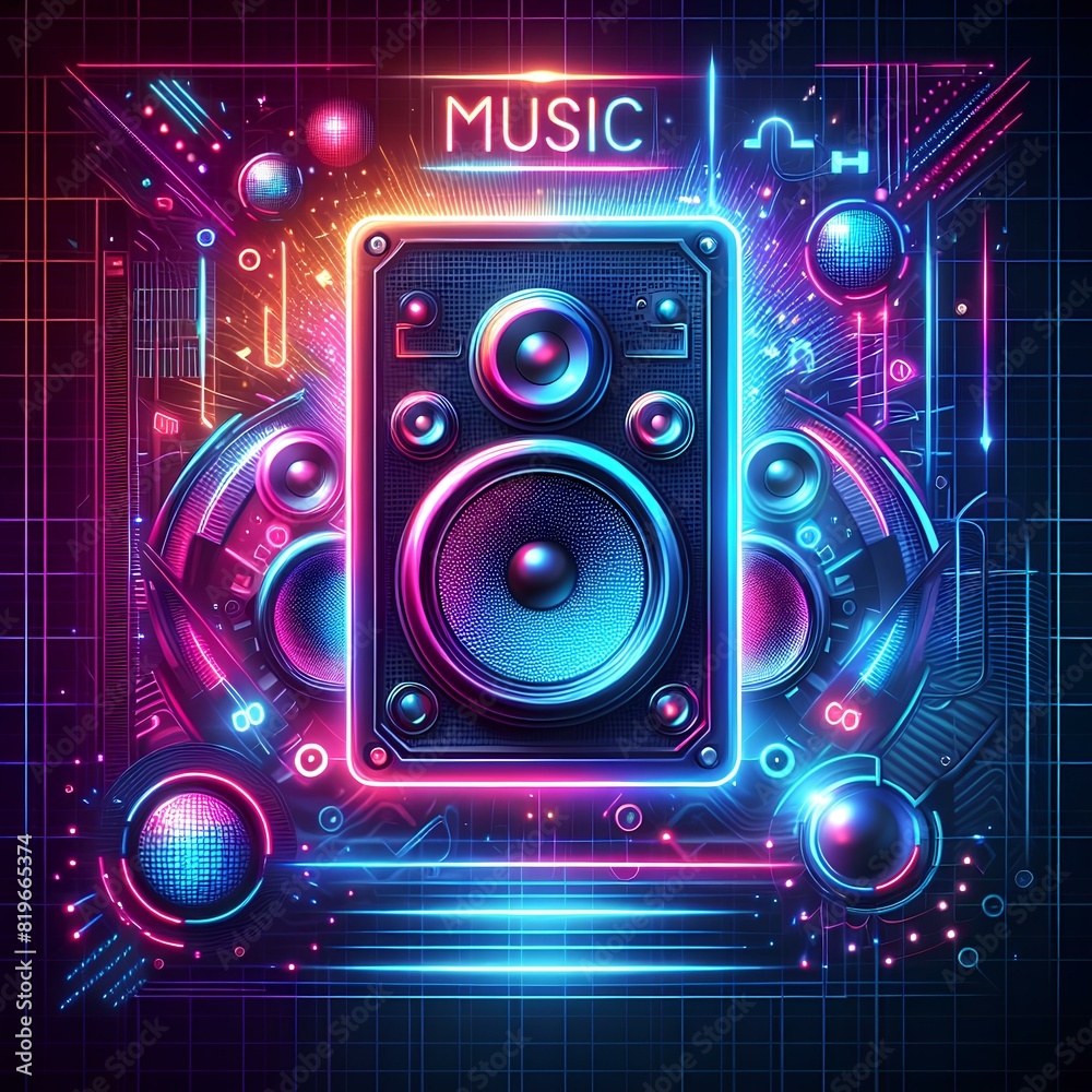 Music party poster template in neon colors. Music speaker with RGB backlight. Robotic sound system on background of digital lights.