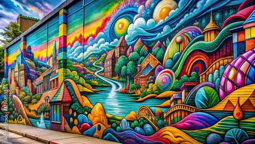 A close-up of a graffiti mural depicting a surreal landscape with abstract shapes and vibrant colors  adding an artistic flair to the urban environment