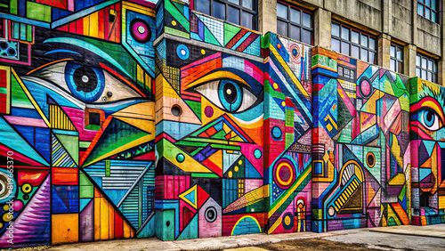 An abstract composition of graffiti tags and colorful geometric patterns painted on a concrete wall, creating an eye-catching urban artwork