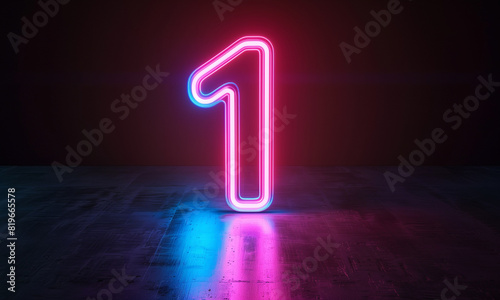 3d render, number one glowing in the dark, pink blue neon light