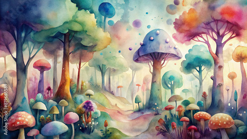 Abstract watercolor artwork of a whimsical forest scene with towering trees, colorful mushrooms, and playful woodland creatures  #819665589