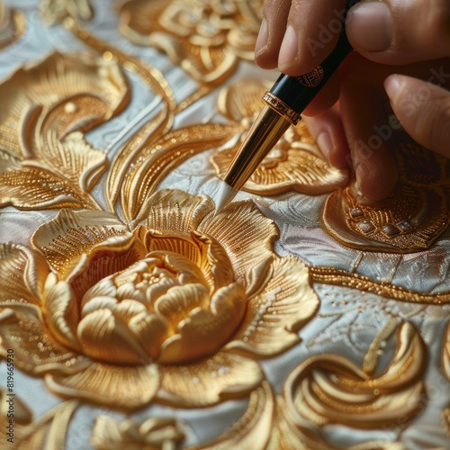 The artist's hand holding a pen, creates intricate patterns on silk with gold ink. The background is a white tablecloth decorated with elegant calligraphy designs in the style of a calligrapher.