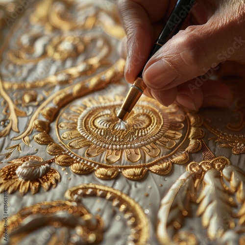 The artist's hand holding a pen, creates intricate patterns on silk with gold ink. The background is a white tablecloth decorated with elegant calligraphy designs in the style of a calligrapher.