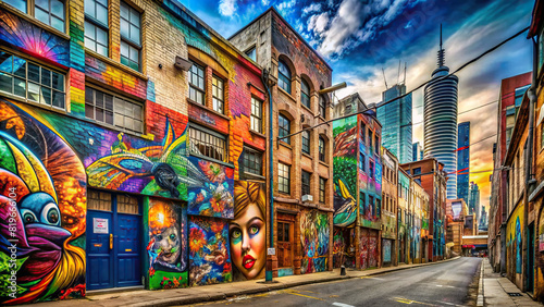 An expansive panorama of a city block covered in vibrant graffiti murals, depicting various themes and styles of urban street art