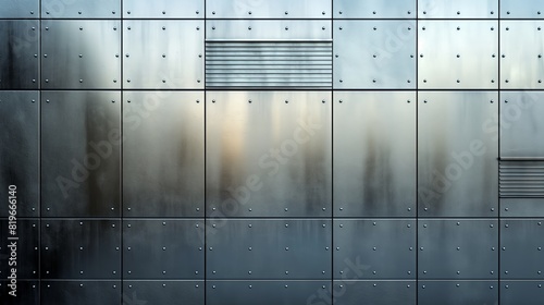 A metallic wall with evenly spaced panels and two ventilation grilles reflecting the soft light of the setting sun photo