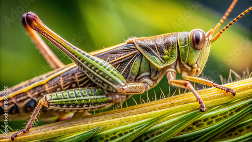 Macro view of a grasshopper's leg, showing fine hairs and segments © prasit